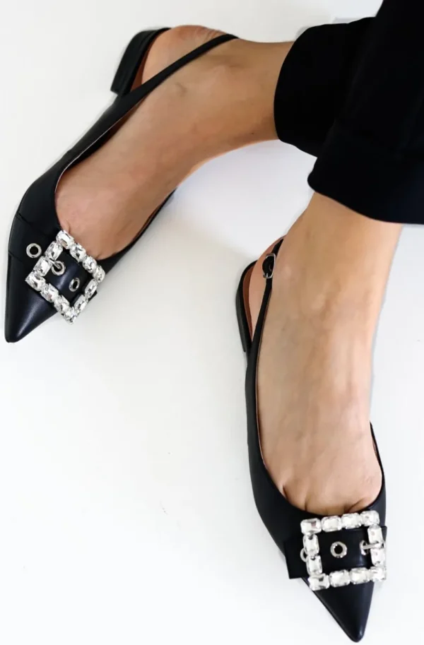 BIBI LOU - Flat Slingback - black leather and stones Hot