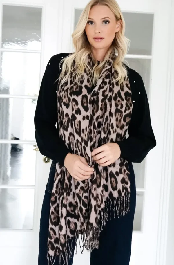 MIXED BRANDS - Animal print scarf with fringe Leo - Mud Brown Hot