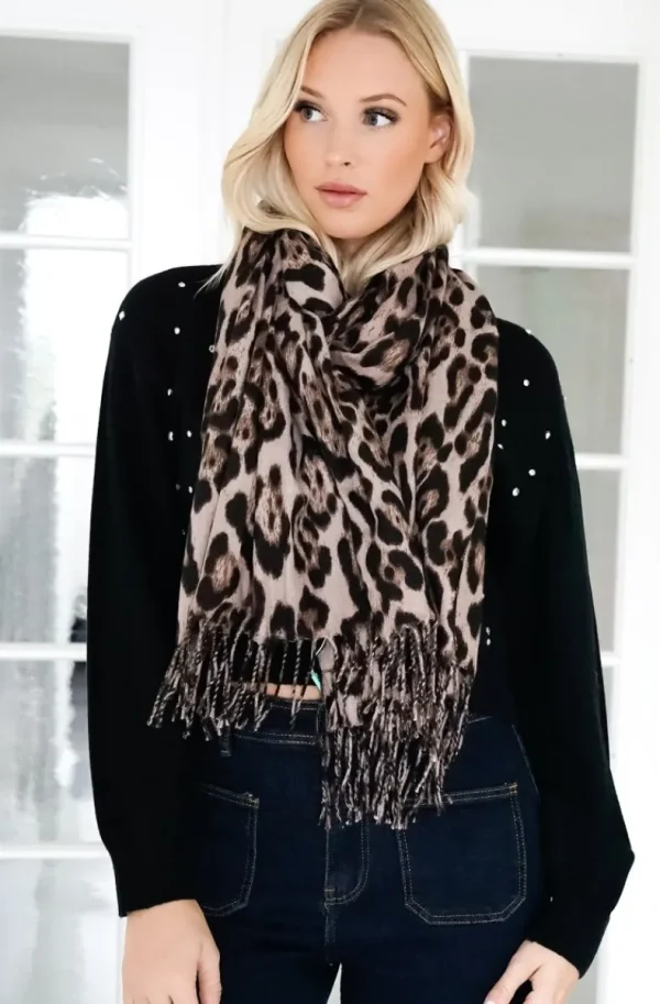 MIXED BRANDS - Animal print scarf with fringe Leo - Mud Brown Hot