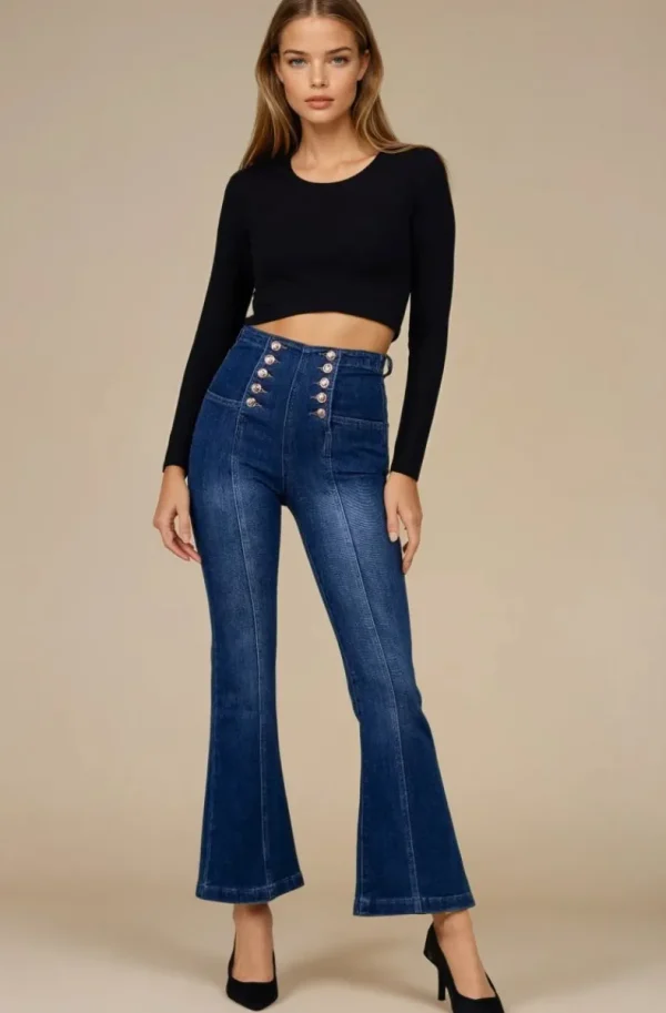 MIXED BRANDS - Flare High waist Jeans with buttons 0275 - Midblue New