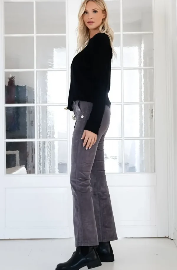 MIXED BRANDS - High waist flare velour pant with buttons H2630 - Grey Discount