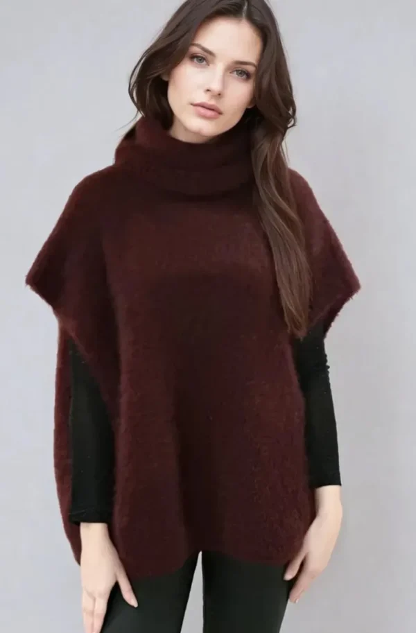 MIXED BRANDS - Kid Mohair (80%) Rollneck Poncho Sweater 12008 - Burgundy New