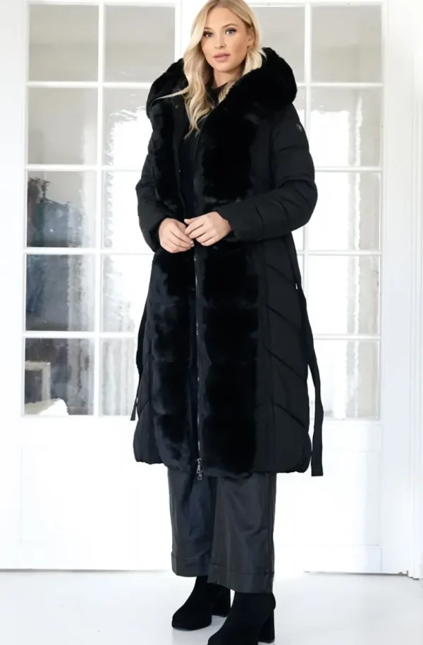 MIXED BRANDS - Long Puffer Coat with Faux fur trim 23069 - Black Clearance