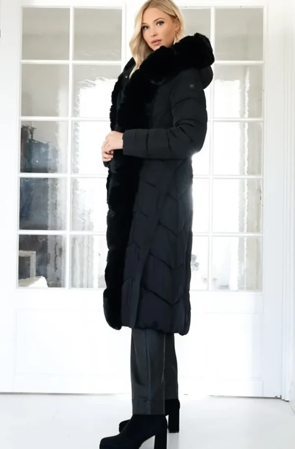 MIXED BRANDS - Long Puffer Coat with Faux fur trim 23069 - Black Clearance