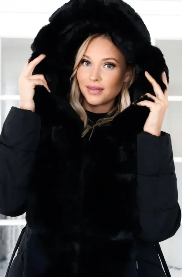 MIXED BRANDS - Long Puffer Coat with Faux fur trim 23069 - Black Clearance