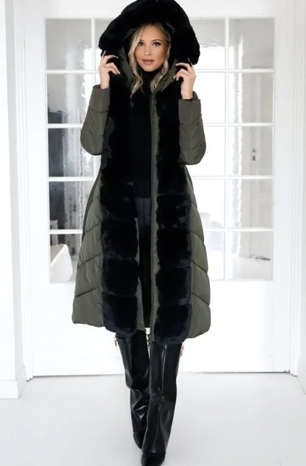 MIXED BRANDS - Long Puffer Coat with Faux fur trim 23069 - Dark Olive New