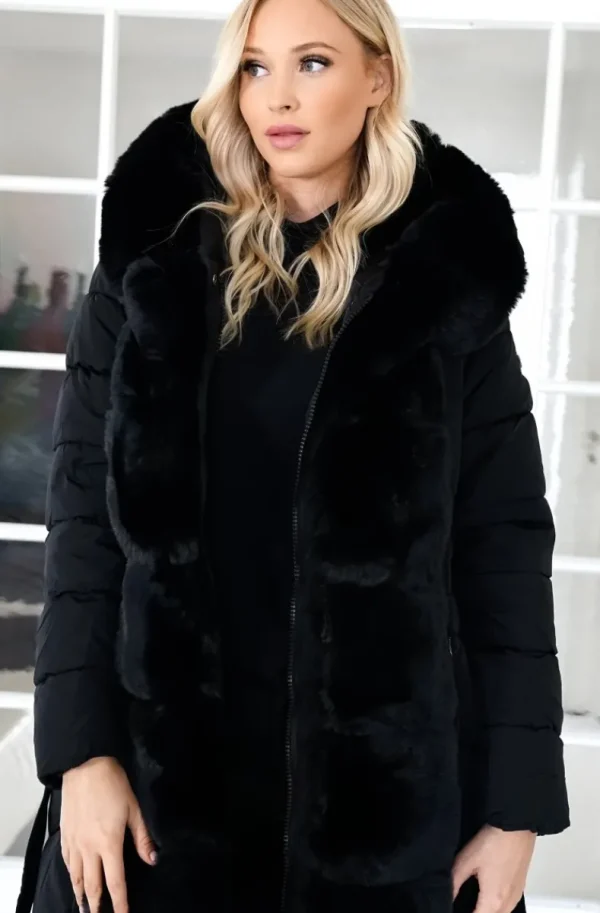 MIXED BRANDS - Long Puffer Coat with Faux fur trim 23069 - Black Clearance