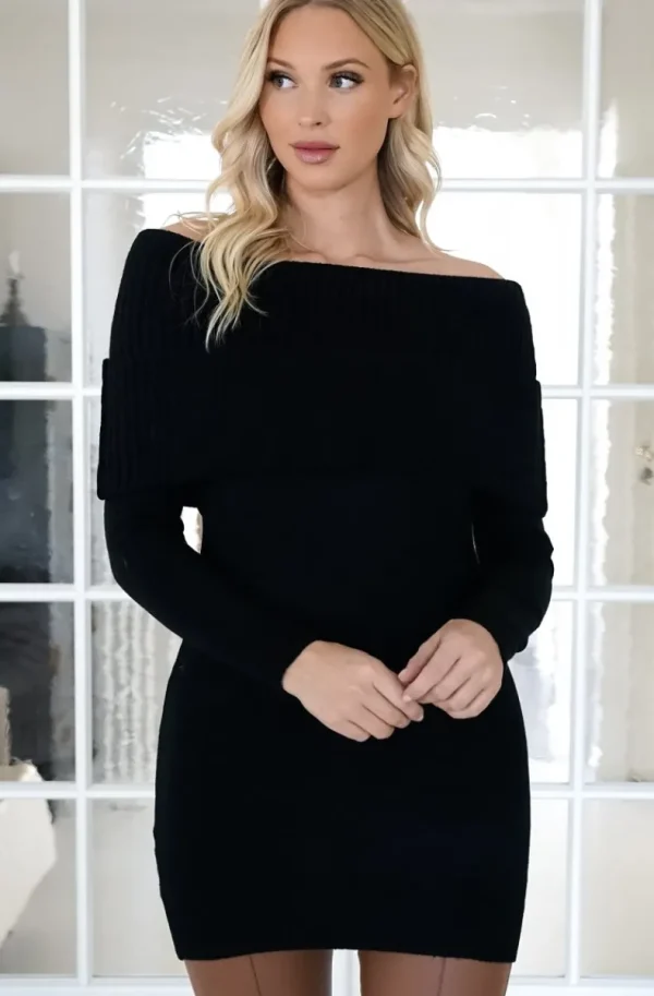 MIXED BRANDS - long sleeve mini Dress bardot neckline 3085 - Black Outlet