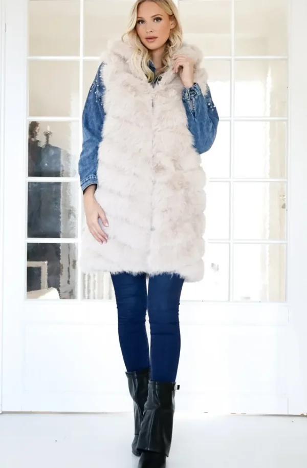 MIXED BRANDS - Longer Vest Fake Fur F40814 - Beige New