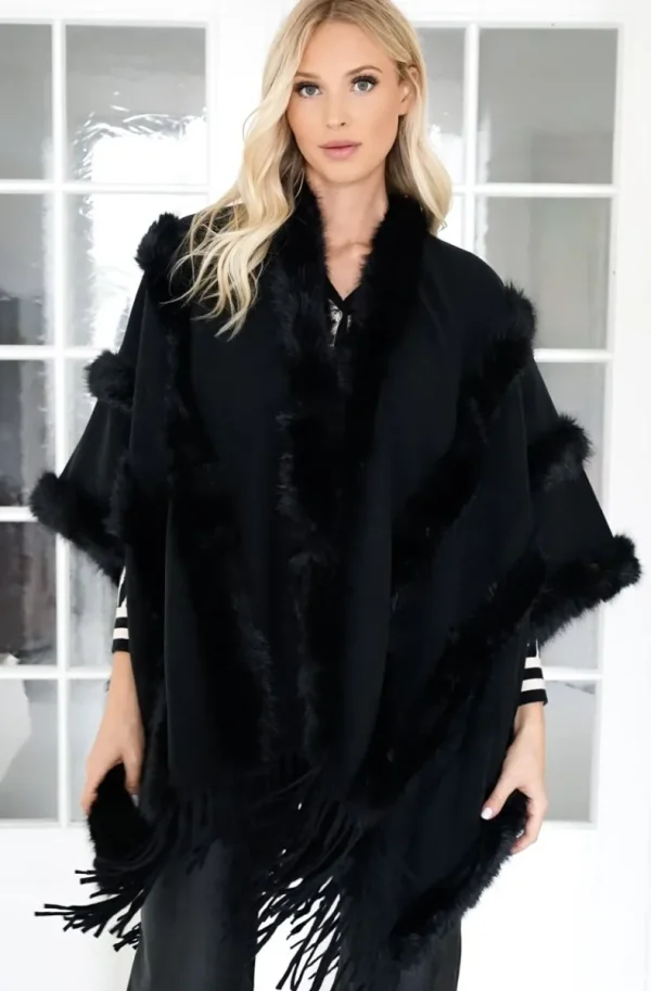 MIXED BRANDS - Poncho with fake fur details F40795 - Black Clearance