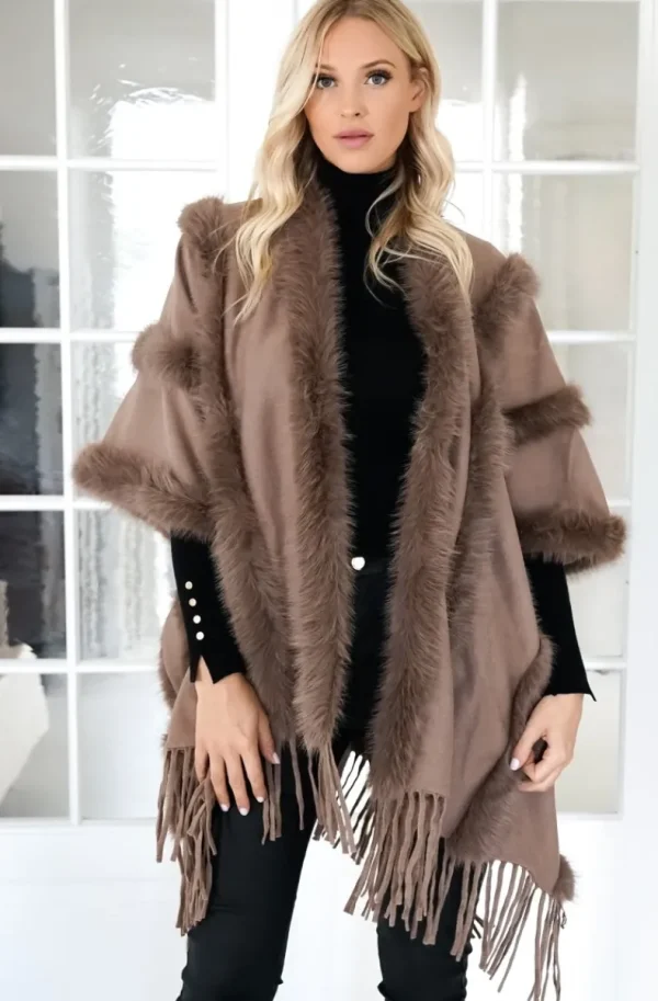 MIXED BRANDS - Poncho with fake fur details F40795 - Taupe Outlet