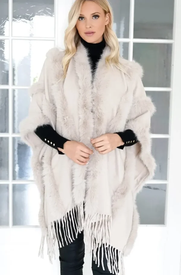 MIXED BRANDS - Poncho with fake fur details F40795 - Beige Clearance