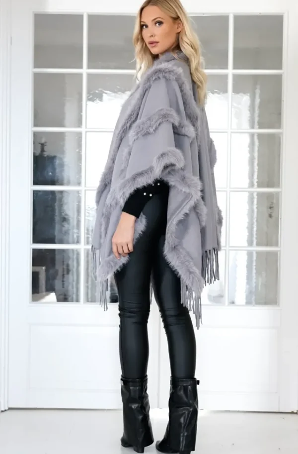 MIXED BRANDS - Poncho with fake fur details F40795 - Grey Sale