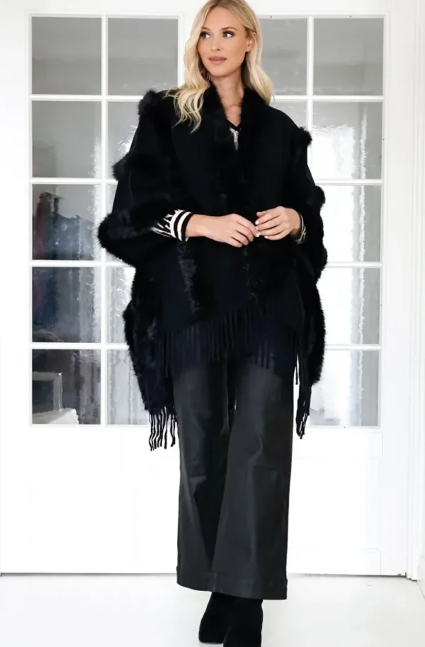 MIXED BRANDS - Poncho with fake fur details F40795 - Black Clearance