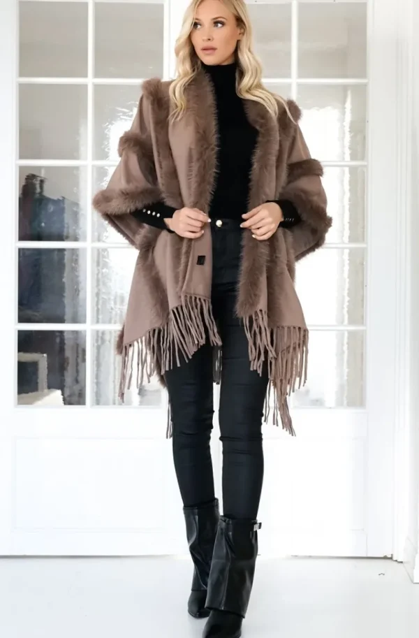 MIXED BRANDS - Poncho with fake fur details F40795 - Taupe Outlet