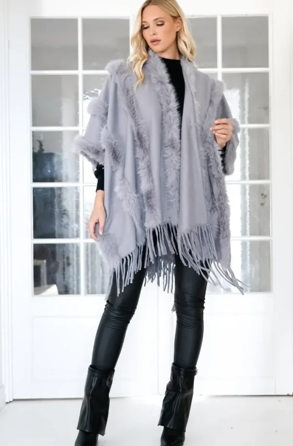 MIXED BRANDS - Poncho with fake fur details F40795 - Grey Sale