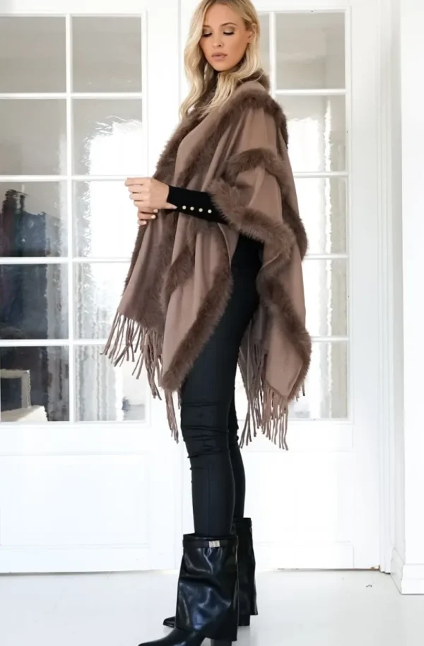 MIXED BRANDS - Poncho with fake fur details F40795 - Taupe Outlet