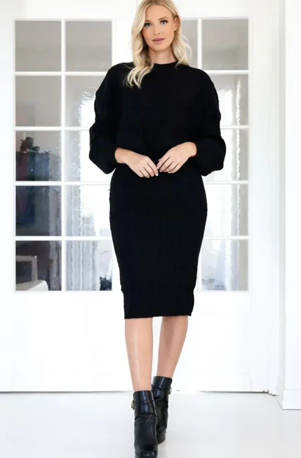 MIXED BRANDS - Skirt and Sweater Set Cable Knitted - Black Fashion