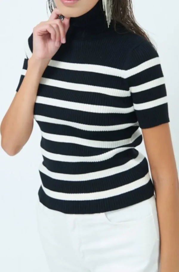 MIXED BRANDS - Striped short sleeve turtleneck 3373 - Black Online