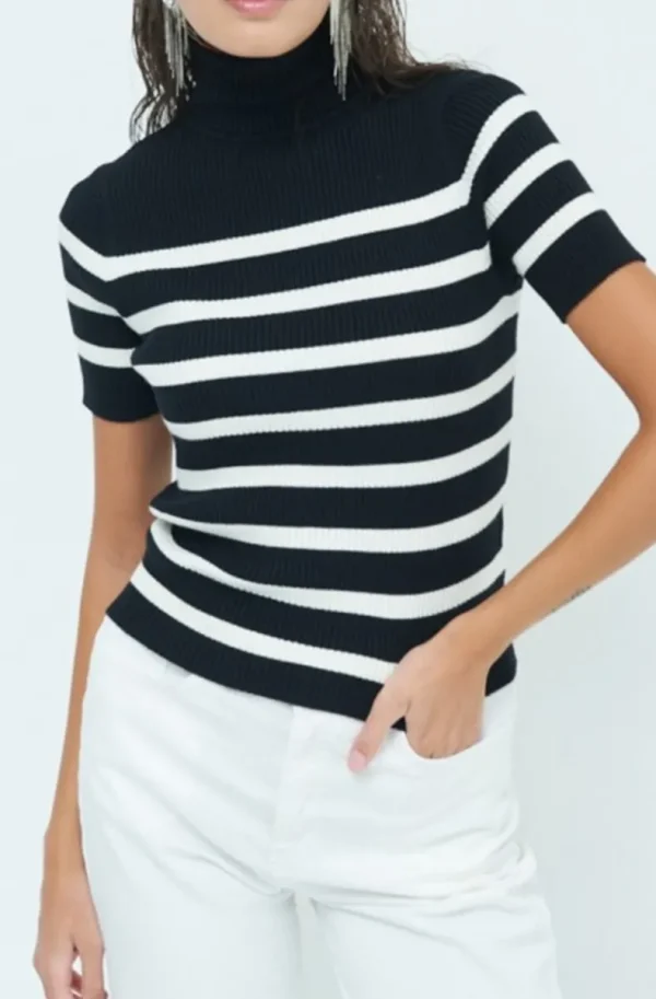 MIXED BRANDS - Striped short sleeve turtleneck 3373 - Black Online