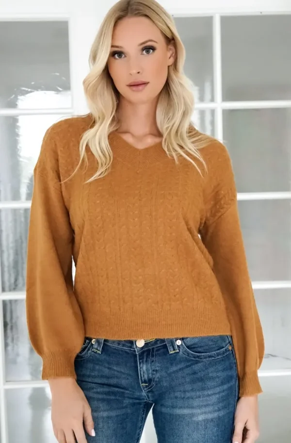 MIXED BRANDS - V-neck sweater with braids 5010 - Camello Outlet