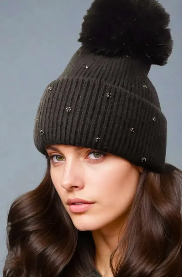 PLAIN VANILLA - Beanie with rhinestones and pom pom - Black Fashion