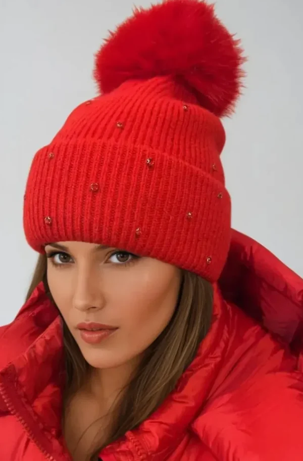 PLAIN VANILLA - Beanie with rhinestones and pom pom - Red Discount