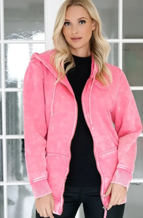 TRUE RELIGION - Washed Big T Boyfriend Zip Hoodie - Hot Pink Discount