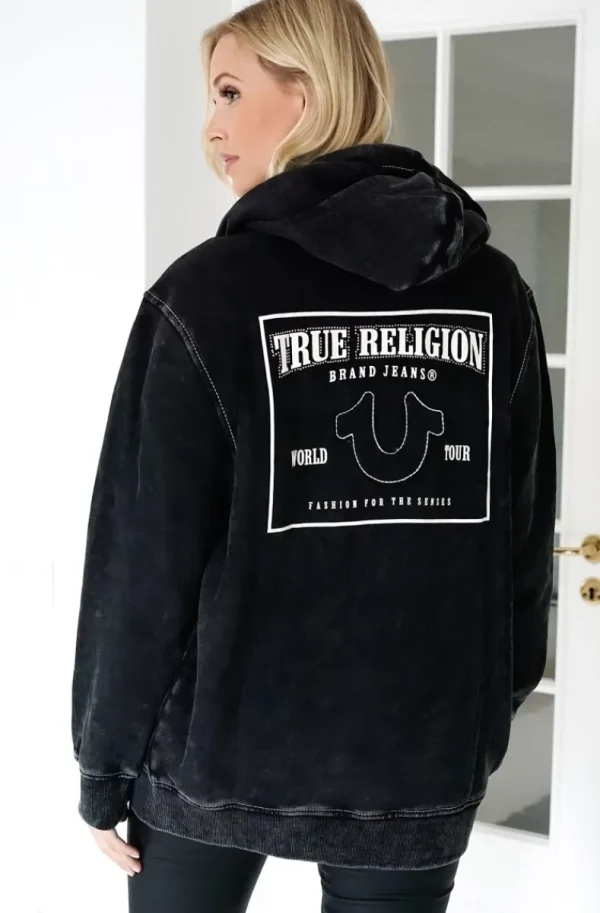 TRUE RELIGION - Washed Big T Boyfriend Zip Hoodie - Jet Black Clearance