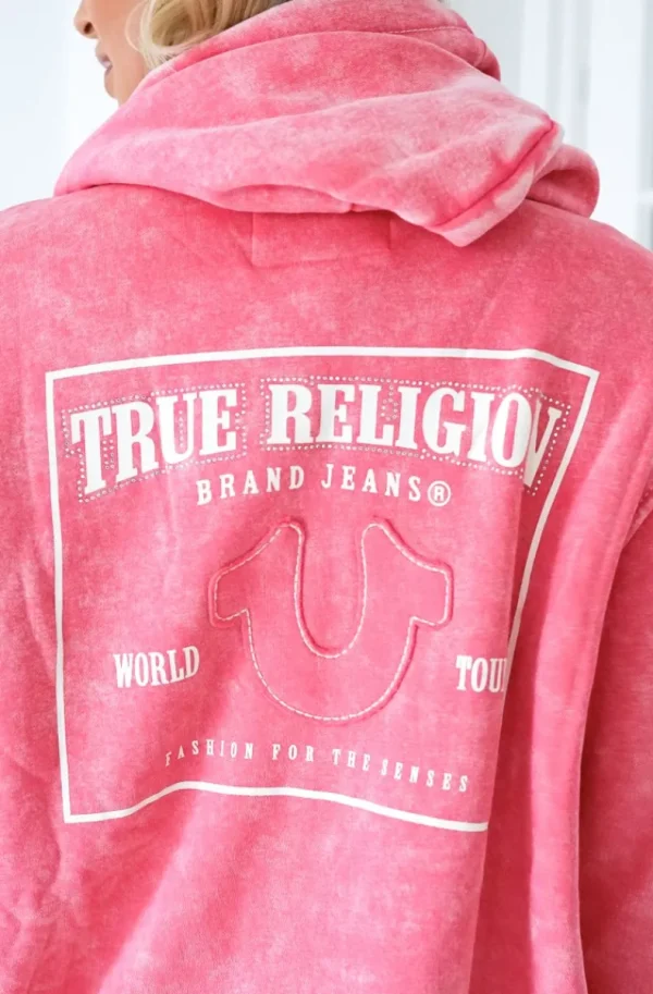 TRUE RELIGION - Washed Big T Boyfriend Zip Hoodie - Hot Pink Discount